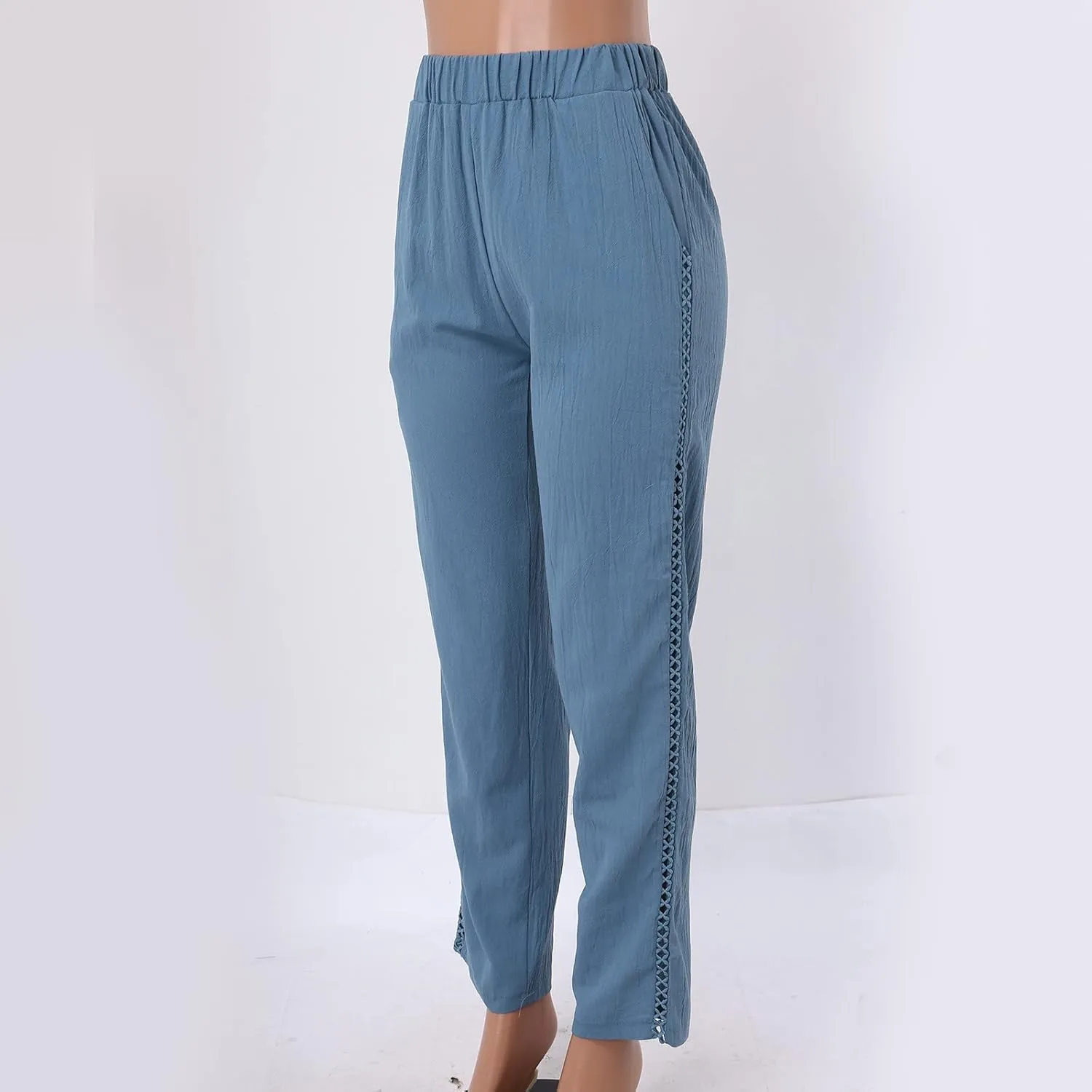 Womens Linen Pants 2025 Summer Elastic High Waist Split Hem Work Pants Casual Loose Drawstring Beach Trousers