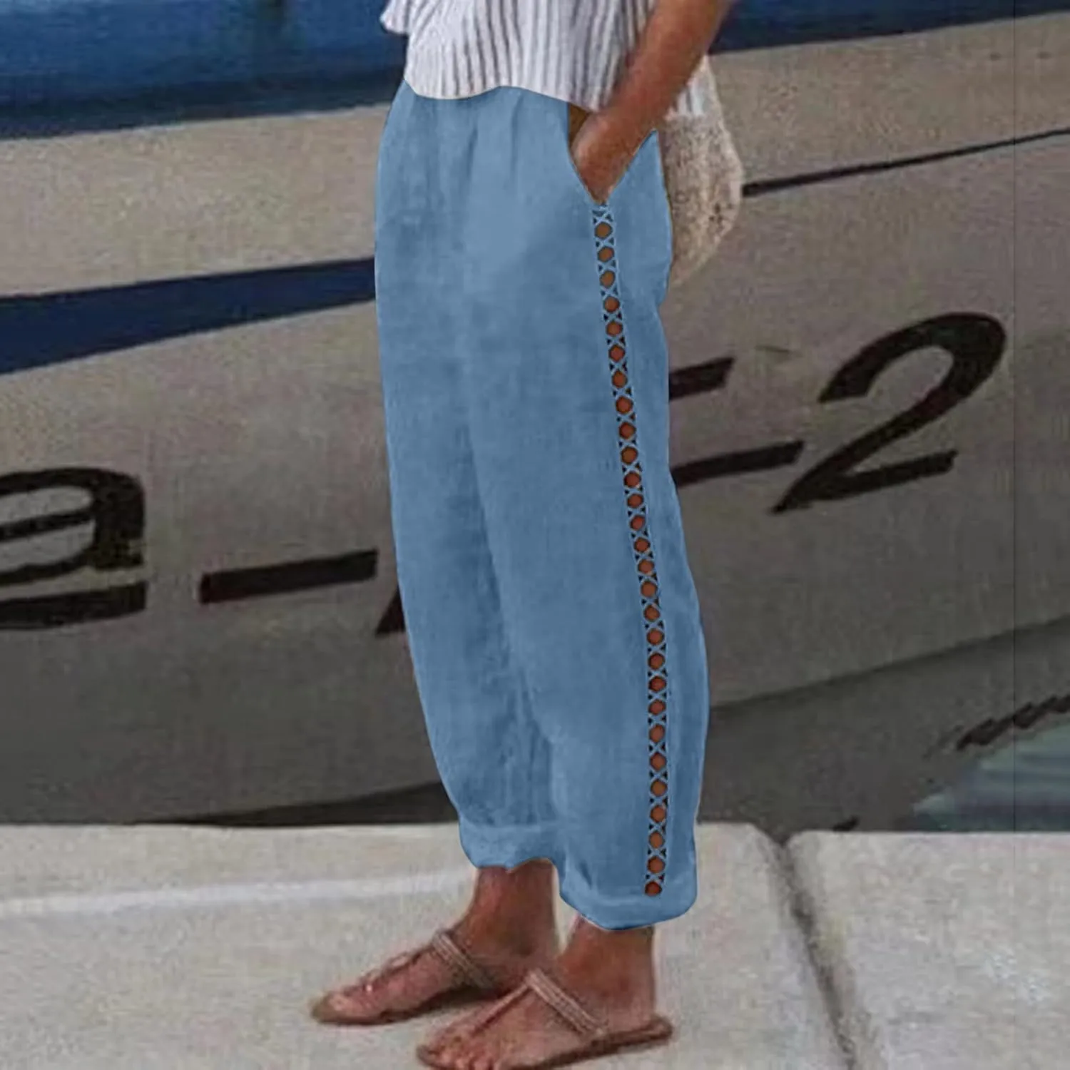 Womens Linen Pants 2025 Summer Elastic High Waist Split Hem Work Pants Casual Loose Drawstring Beach Trousers