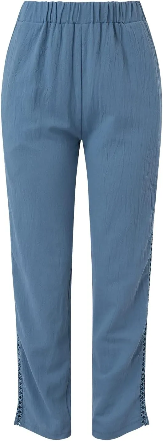 Womens Linen Pants 2025 Summer Elastic High Waist Split Hem Work Pants Casual Loose Drawstring Beach Trousers