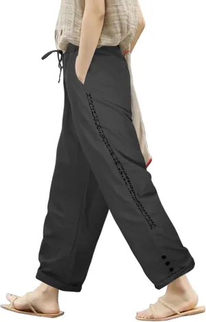 Womens Linen Pants Casual Summer Loose Fit Boho Straight Leg Solid Color High Waist Linen Pants Stretch Trousers with Pockets