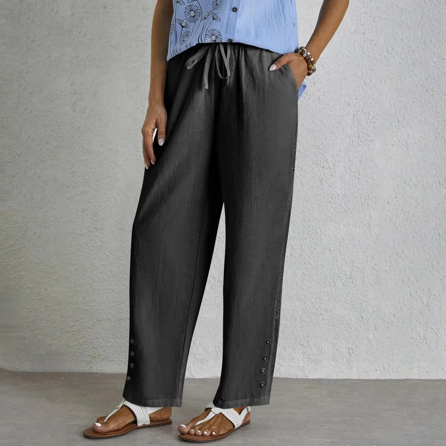 Womens Linen Pants Casual Summer Loose Fit Boho Straight Leg Solid Color High Waist Linen Pants Stretch Trousers with Pockets