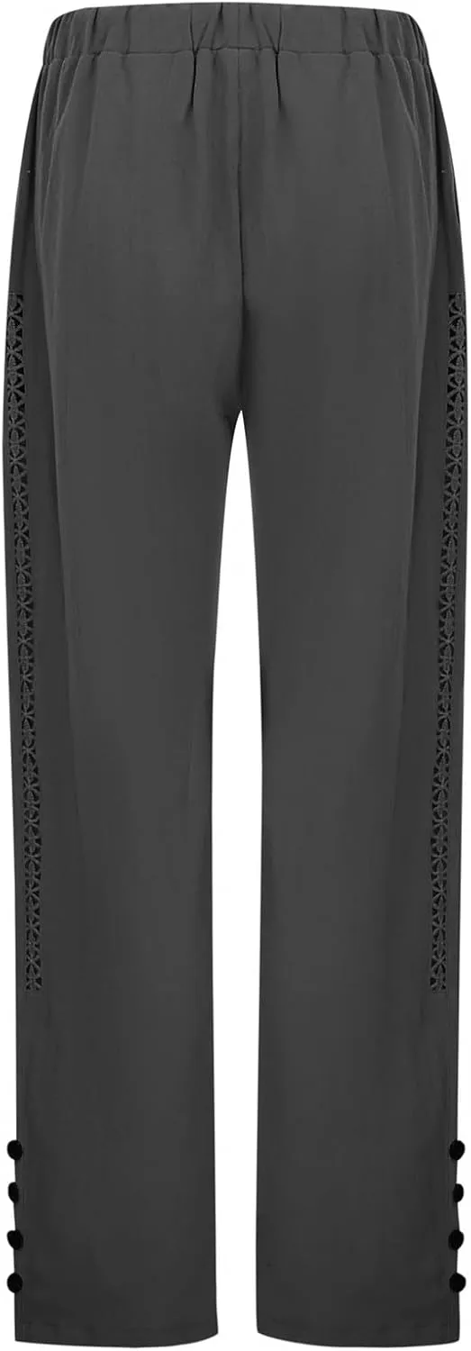 Womens Linen Pants Casual Summer Loose Fit Boho Straight Leg Solid Color High Waist Linen Pants Stretch Trousers with Pockets