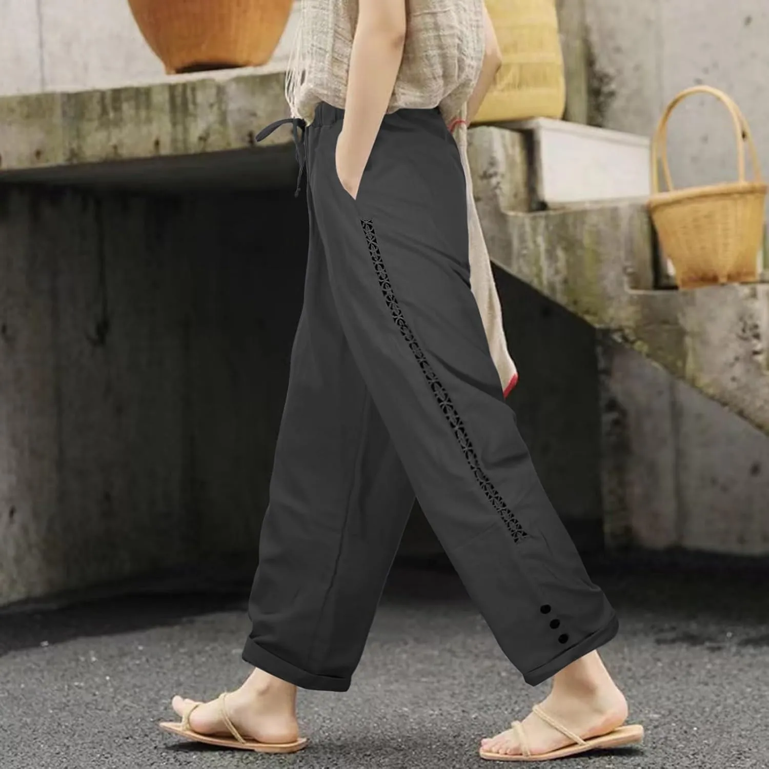 Womens Linen Pants Casual Summer Loose Fit Boho Straight Leg Solid Color High Waist Linen Pants Stretch Trousers with Pockets
