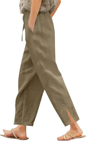Women's Linen Pants Loose Fit Summer Casual Solid Color Boho Plus Size High Waist Linen Pants Stretch Trousers with Pockets