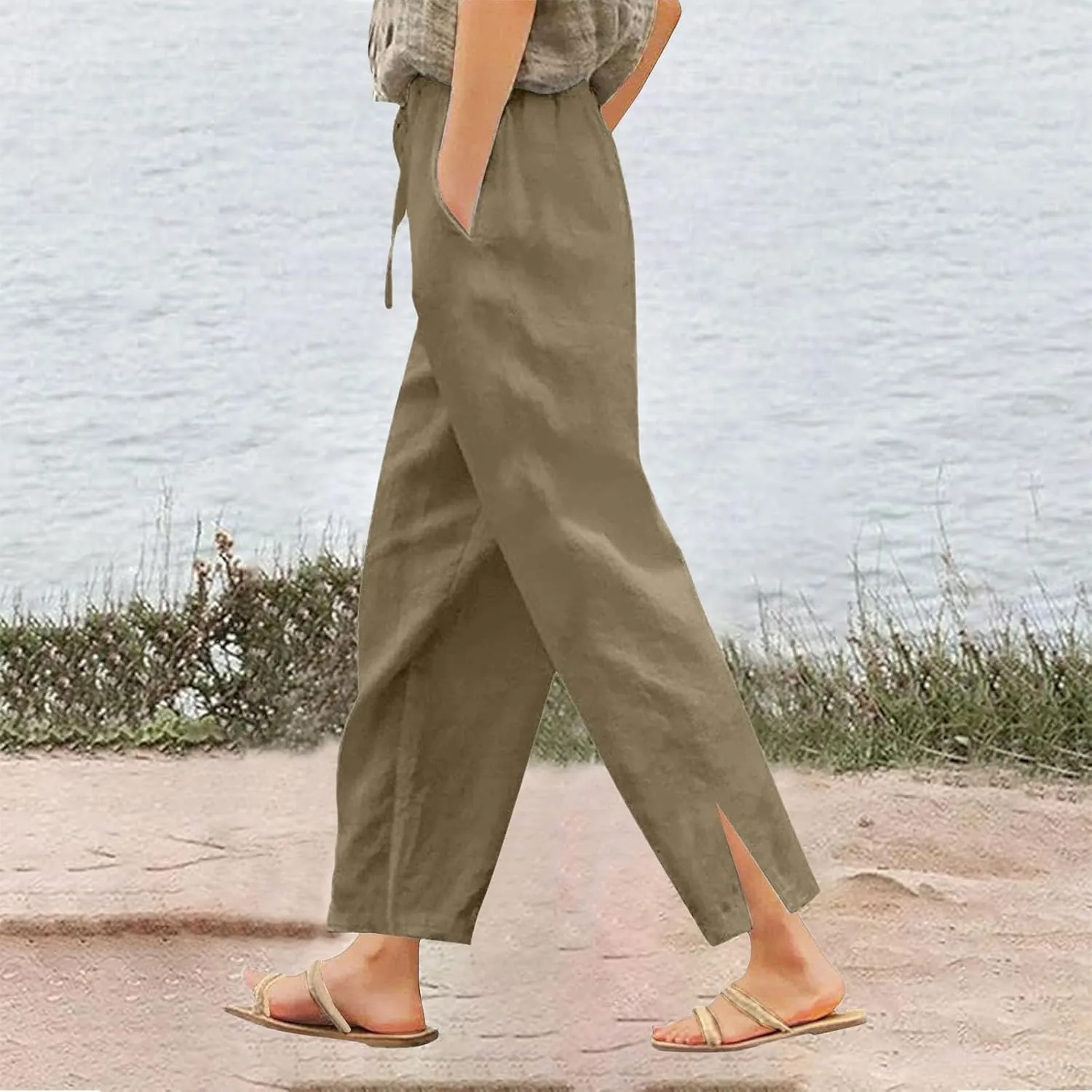 Women's Linen Pants Loose Fit Summer Casual Solid Color Boho Plus Size High Waist Linen Pants Stretch Trousers with Pockets