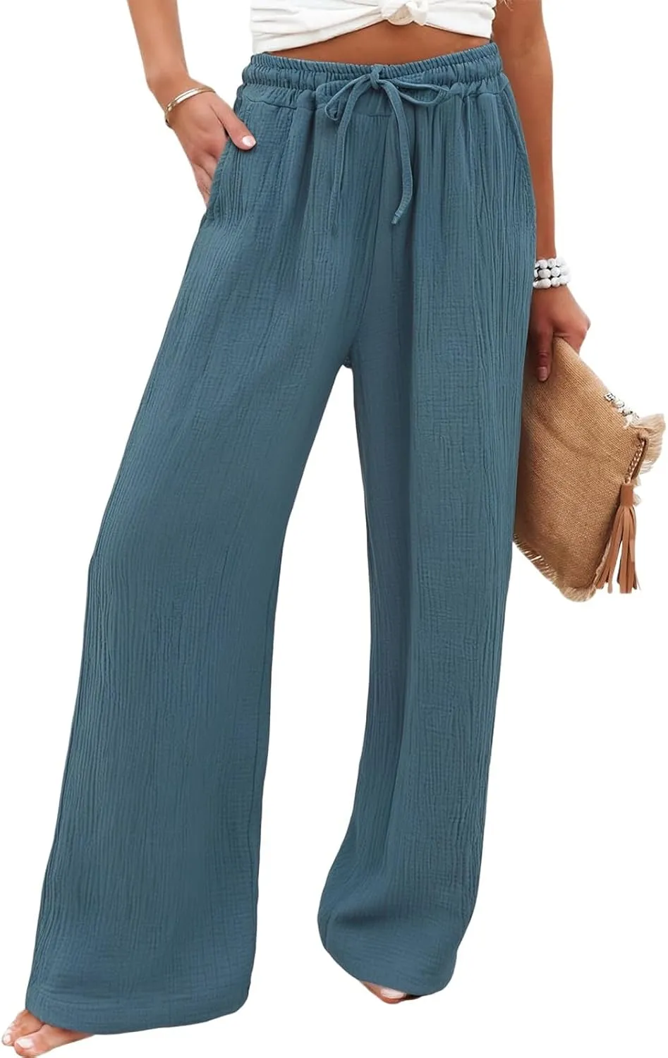 Womens Linen Pants Straight Leg Elastic Drawstring Casual Trousers Beach Lounge Pants with Pockets