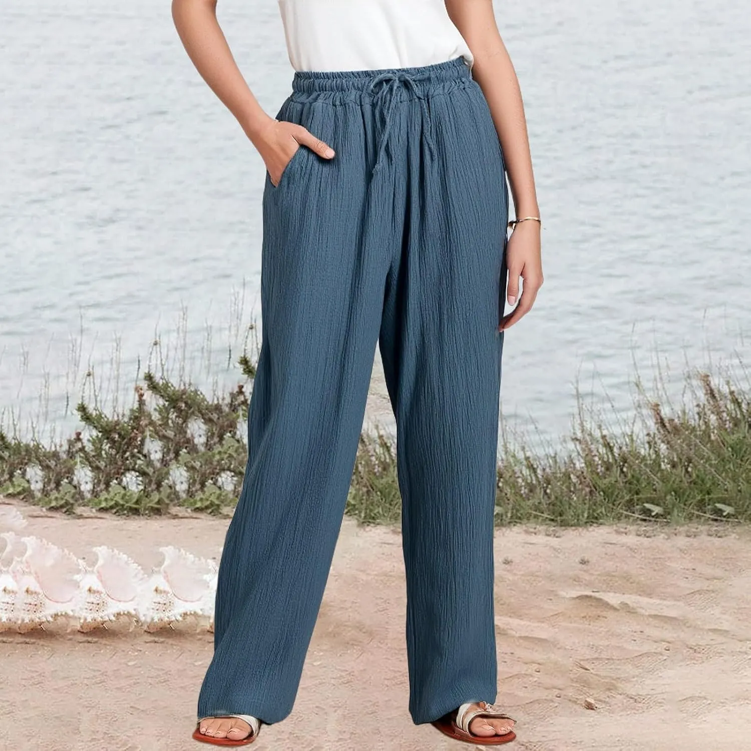 Womens Linen Pants Straight Leg Elastic Drawstring Casual Trousers Beach Lounge Pants with Pockets