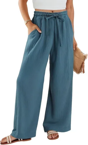Womens Linen Pants Straight Leg Elastic Drawstring Casual Trousers Beach Lounge Pants with Pockets