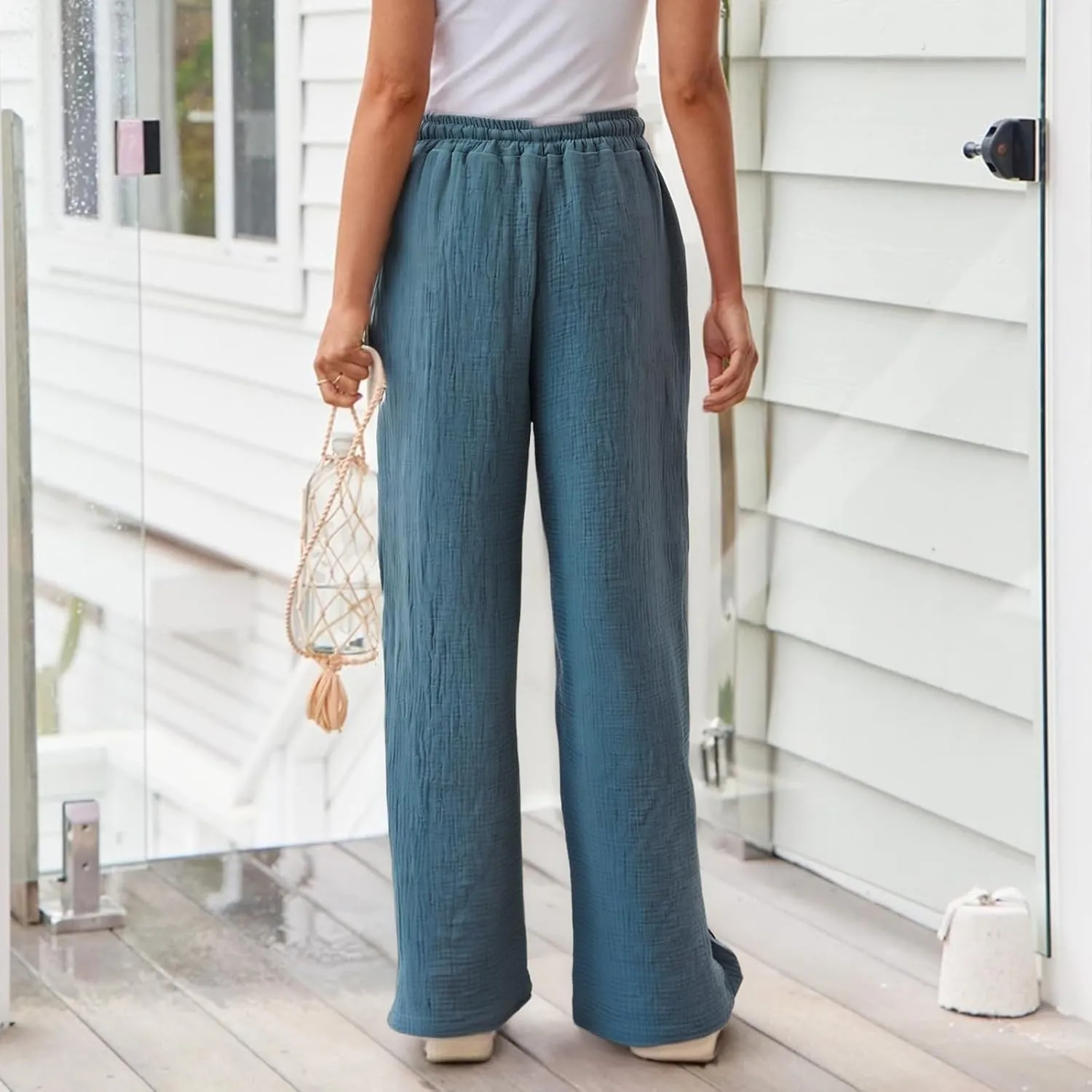 Womens Linen Pants Straight Leg Elastic Drawstring Casual Trousers Beach Lounge Pants with Pockets