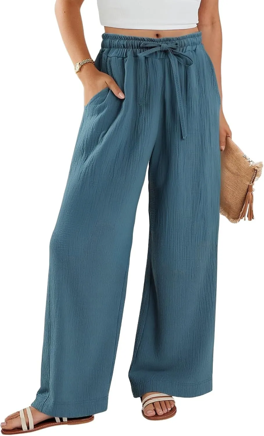 Womens Linen Pants Straight Leg Elastic Drawstring Casual Trousers Beach Lounge Pants with Pockets