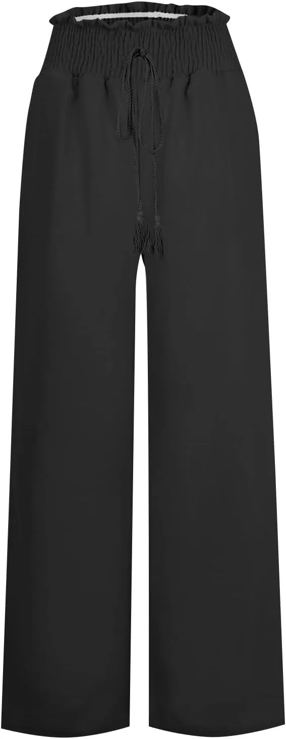 Women's Linen Pants Summer Casual Palazzo Beach Pant Drawstring High Waist Wide Leg Trousers Vacation Outfits