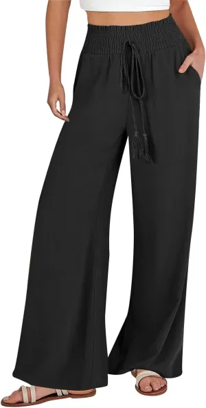 Women's Linen Pants Summer Casual Palazzo Beach Pant Drawstring High Waist Wide Leg Trousers Vacation Outfits
