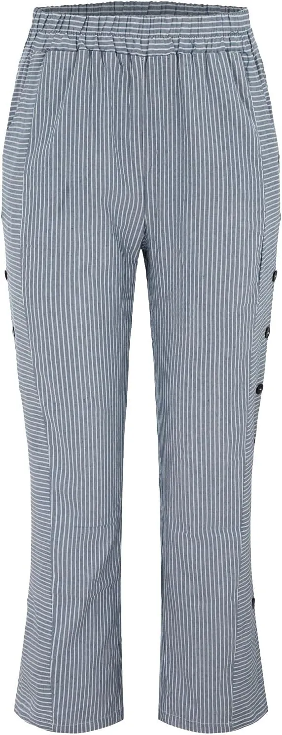 Womens Linen Pants with Pockets Loose Elastic High Waisted Comfy Beach Trousers Striped Side Button Casual Pants