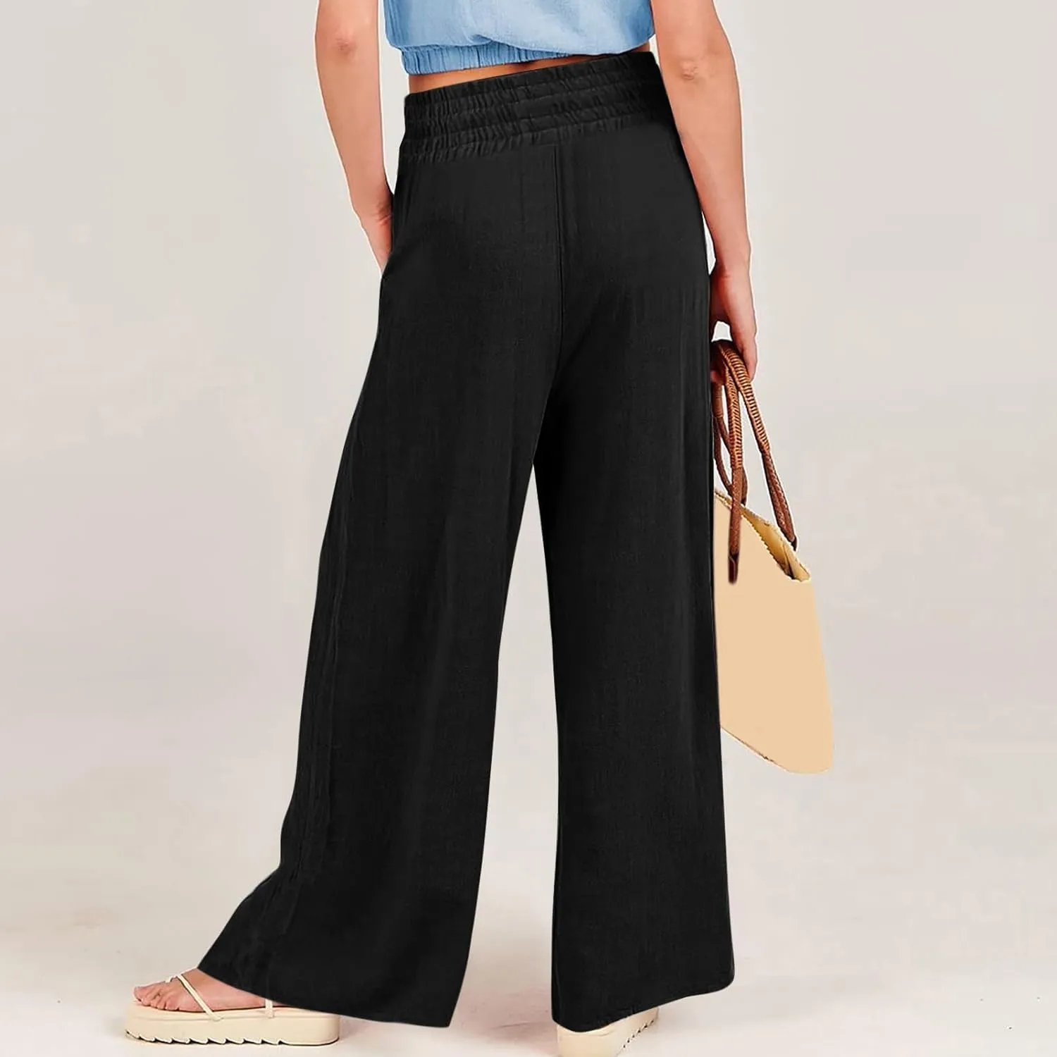 Womens Linen Summer Baggy Pants Low Waist Wide Leg Slim Fit Trousers Office