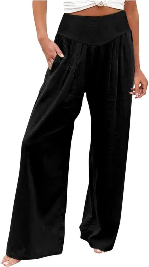 Womens Linen Summer Baggy Pants Low Waist Wide Leg Slim Fit Trousers Office