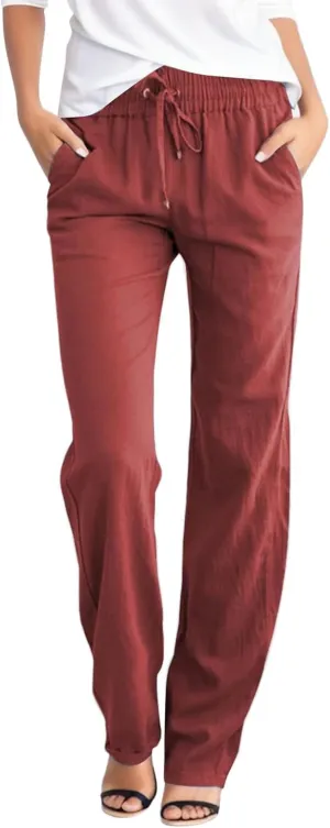 Womens Linen Summer Comfy Palazzo Pants High Waist Baggy Stretchy Plus Size Pant Trousers Office