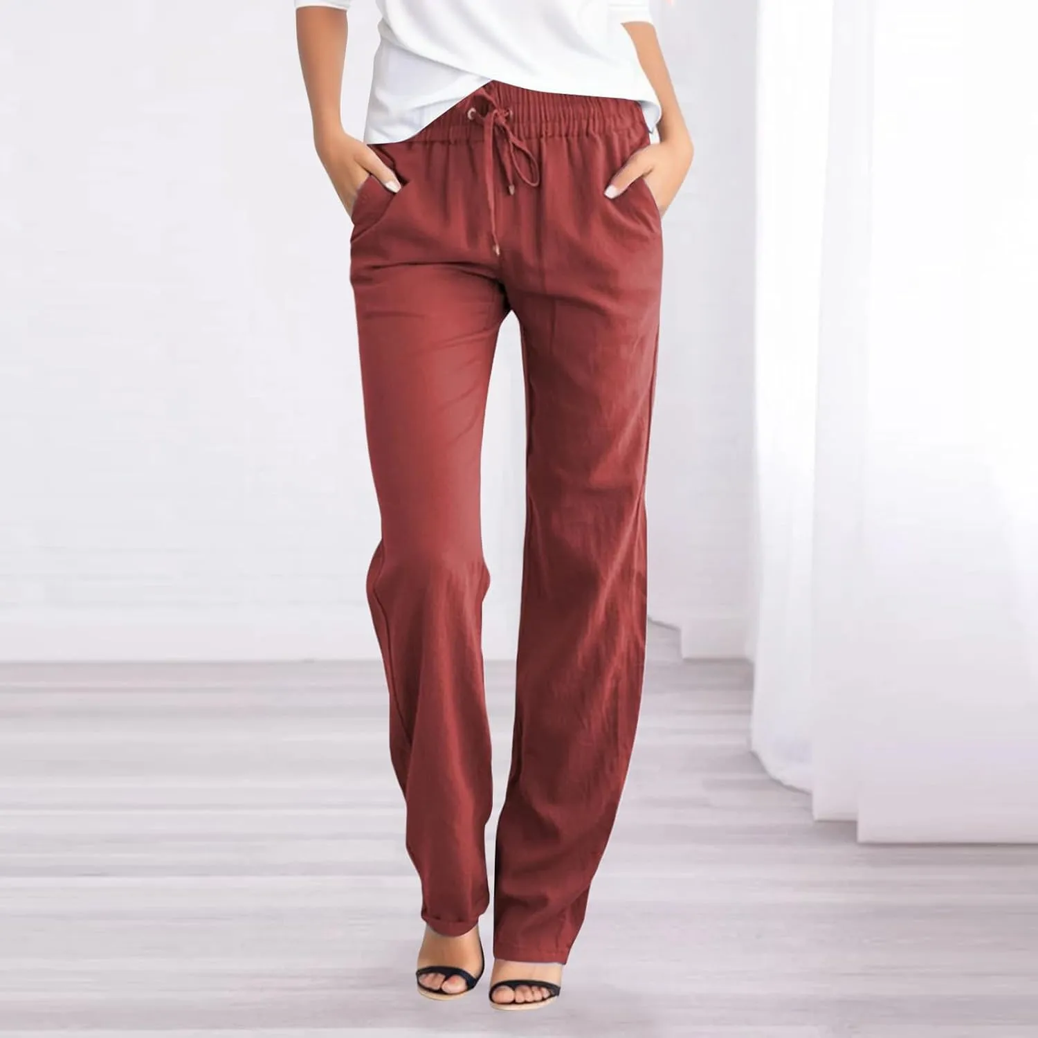 Womens Linen Summer Comfy Palazzo Pants High Waist Baggy Stretchy Plus Size Pant Trousers Office