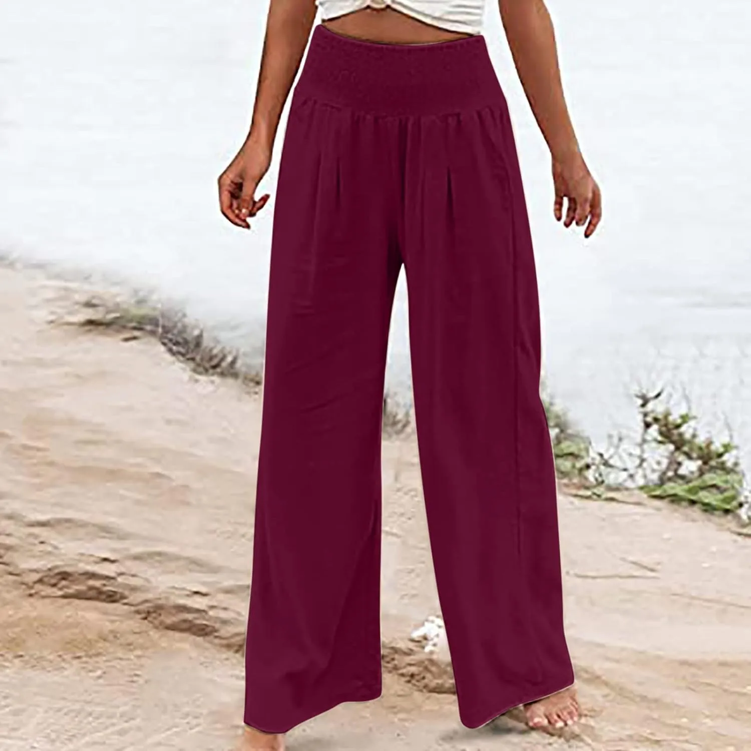 Womens Linen Summer Letter Patched Palazzo Lounge Pants High Waist Wide Leg Slim-Fit Palazzo Pants Beach