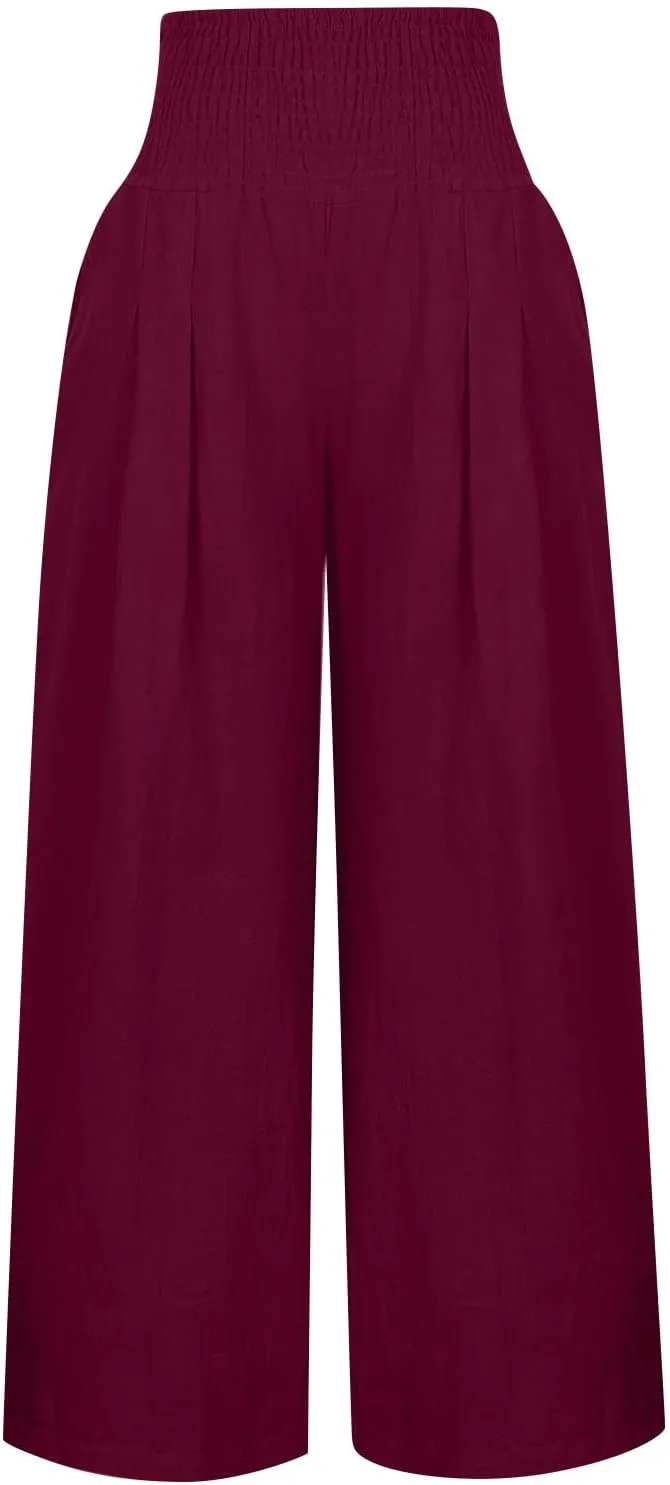 Womens Linen Summer Letter Patched Palazzo Lounge Pants High Waist Wide Leg Slim-Fit Palazzo Pants Beach