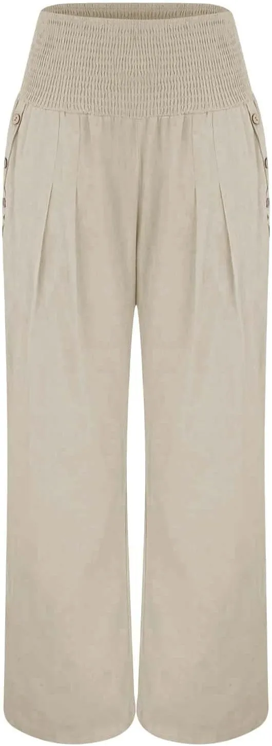 Womens Linen Summer Letter Patched Palazzo Lounge Pants High Waist Wide Leg Slim-Fit Palazzo Pants Beach