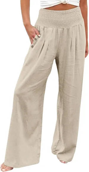 Womens Linen Summer Letter Patched Palazzo Lounge Pants High Waist Wide Leg Slim-Fit Palazzo Pants Beach