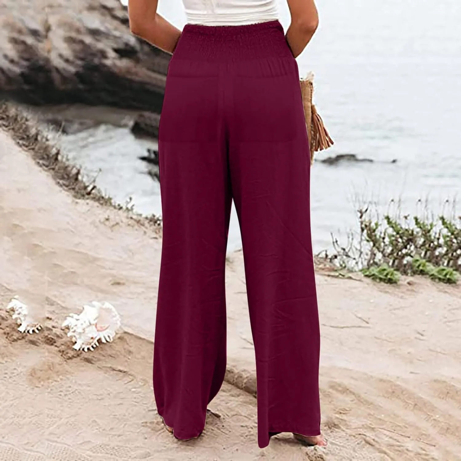 Womens Linen Summer Letter Patched Palazzo Lounge Pants High Waist Wide Leg Slim-Fit Palazzo Pants Beach