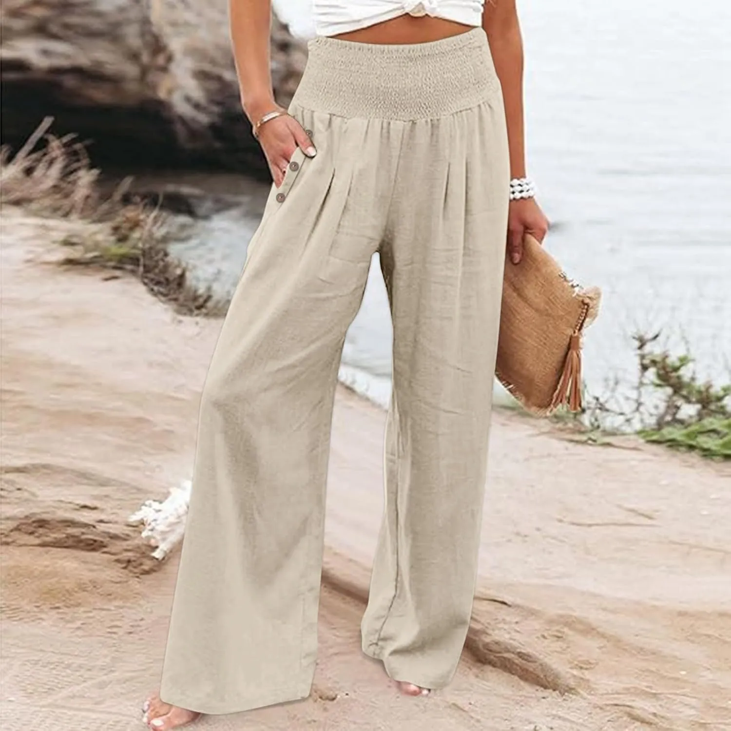 Womens Linen Summer Letter Patched Palazzo Lounge Pants High Waist Wide Leg Slim-Fit Palazzo Pants Beach