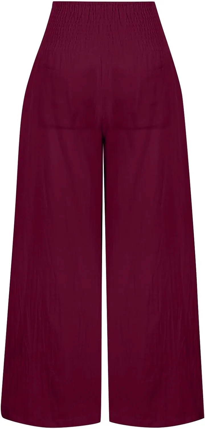 Womens Linen Summer Letter Patched Palazzo Lounge Pants High Waist Wide Leg Slim-Fit Palazzo Pants Beach