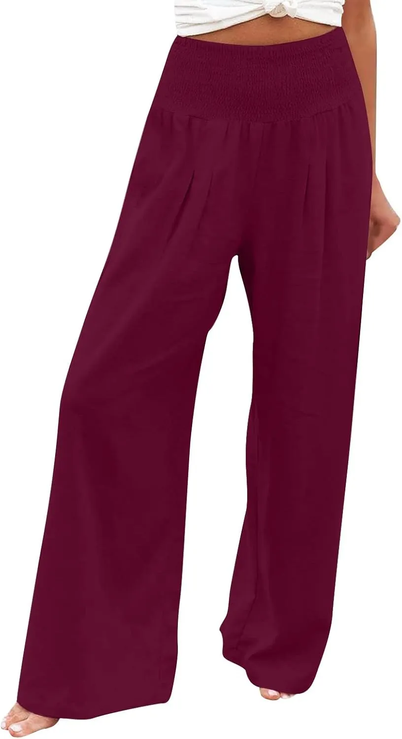 Womens Linen Summer Letter Patched Palazzo Lounge Pants High Waist Wide Leg Slim-Fit Palazzo Pants Beach