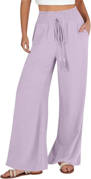 Womens Linen Summer Pull On Palazzo Lounge Pants High Waist Ankle Length Loose Fit Pants Work Business