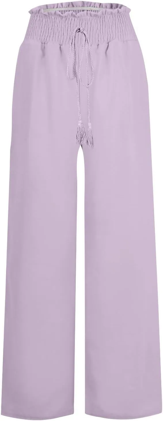 Womens Linen Summer Pull On Palazzo Lounge Pants High Waist Ankle Length Loose Fit Pants Work Business