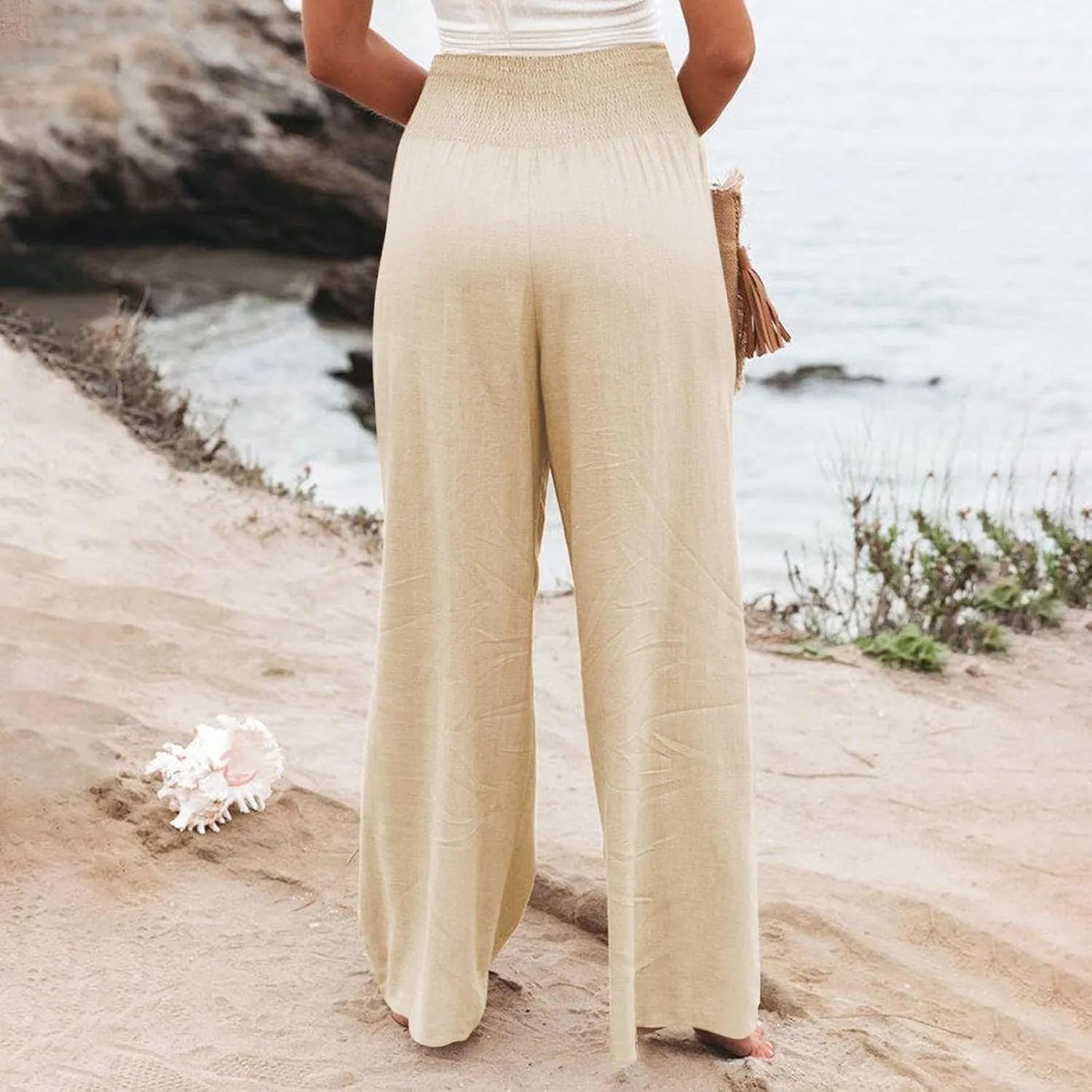 Womens Linen Summer Striped Pant Trousers High Waist Long Lounge Slim Fit Pant Trousers Beach