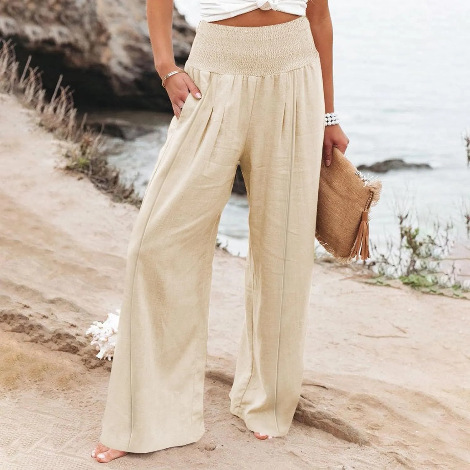 Womens Linen Summer Striped Pant Trousers High Waist Long Lounge Slim Fit Pant Trousers Beach