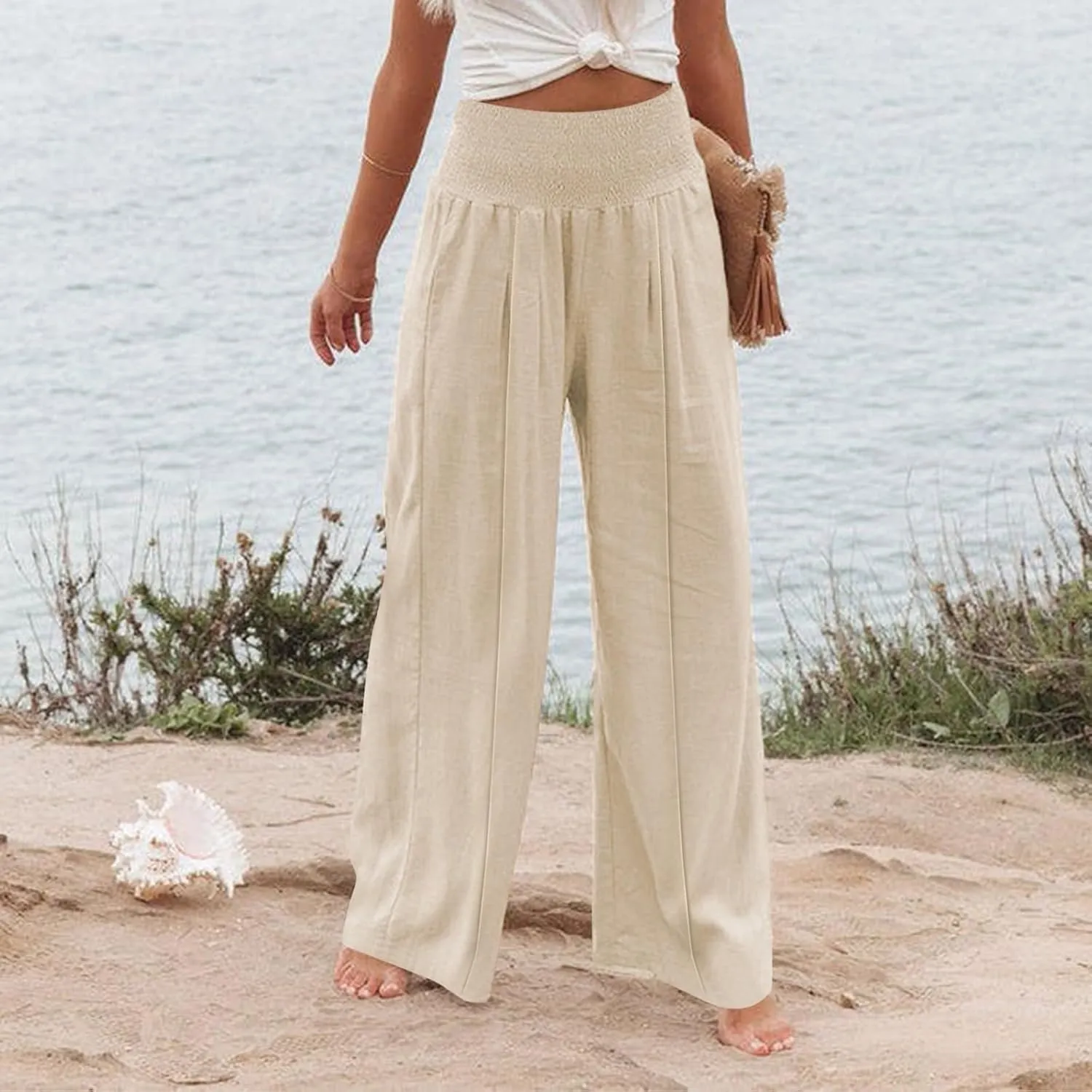 Womens Linen Summer Striped Pant Trousers High Waist Long Lounge Slim Fit Pant Trousers Beach