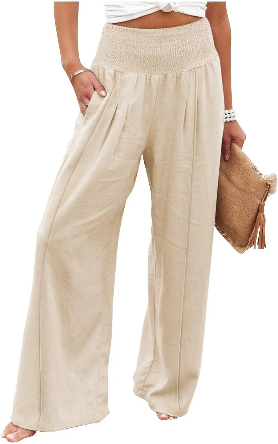 Womens Linen Summer Striped Pant Trousers High Waist Long Lounge Slim Fit Pant Trousers Beach