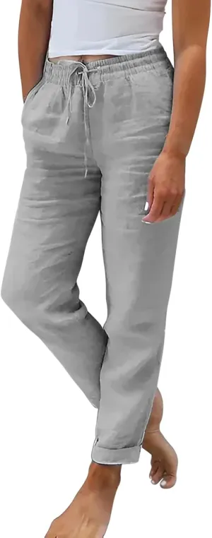 Womens Linen Summer Tie Knot Palazzo Lounge Pants High Waist Ankle Length Loose Fit Trouser Work Business