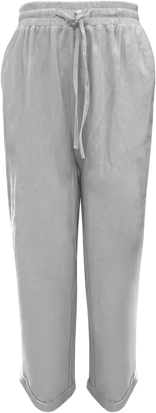 Womens Linen Summer Tie Knot Palazzo Lounge Pants High Waist Ankle Length Loose Fit Trouser Work Business