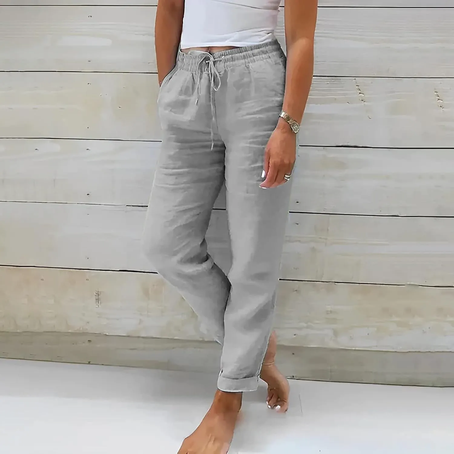 Womens Linen Summer Tie Knot Palazzo Lounge Pants High Waist Ankle Length Loose Fit Trouser Work Business