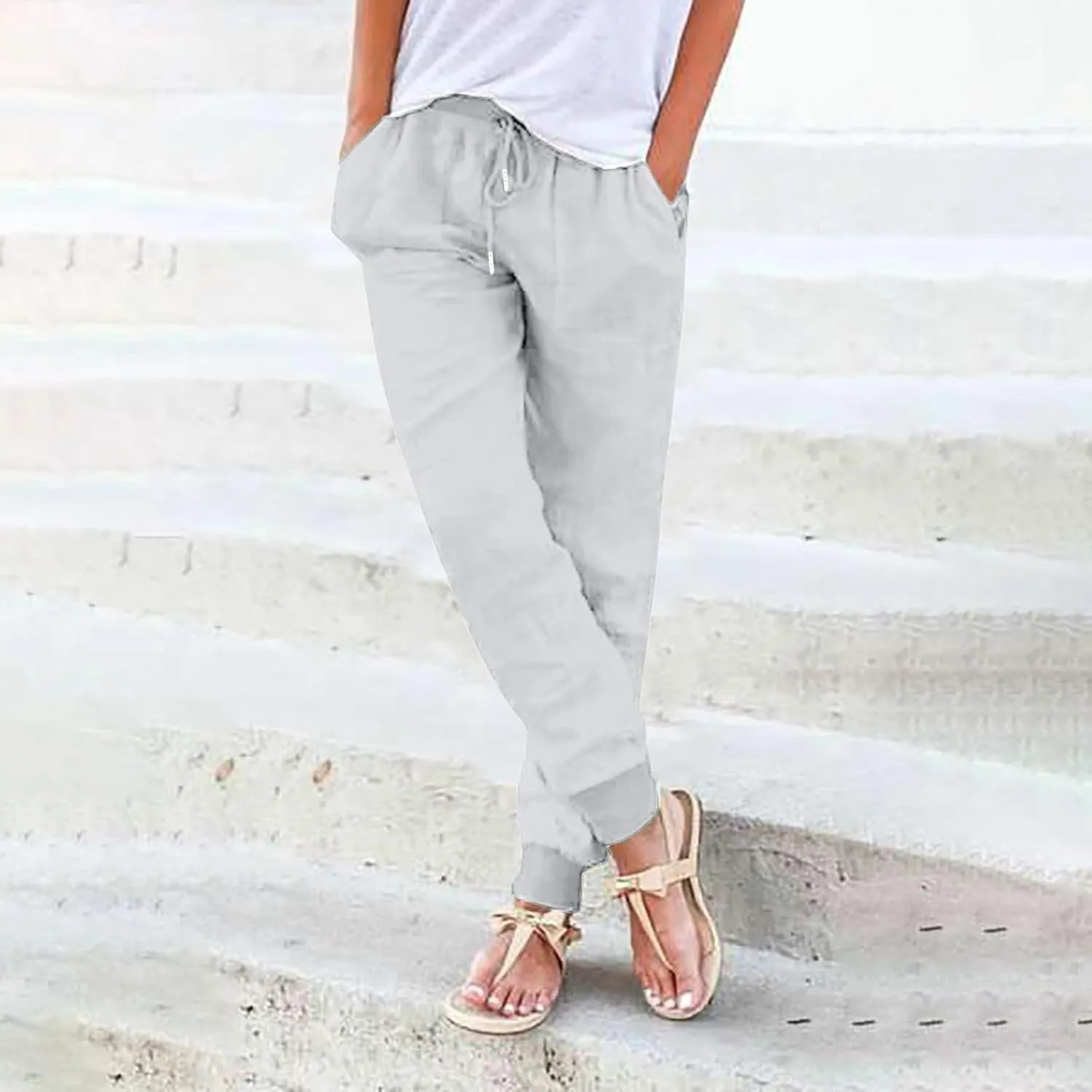 Womens Linen Summer Y2K Fashion Palazzo Pants High Waist Straight Loose Fit Palazzo Pants Vacation