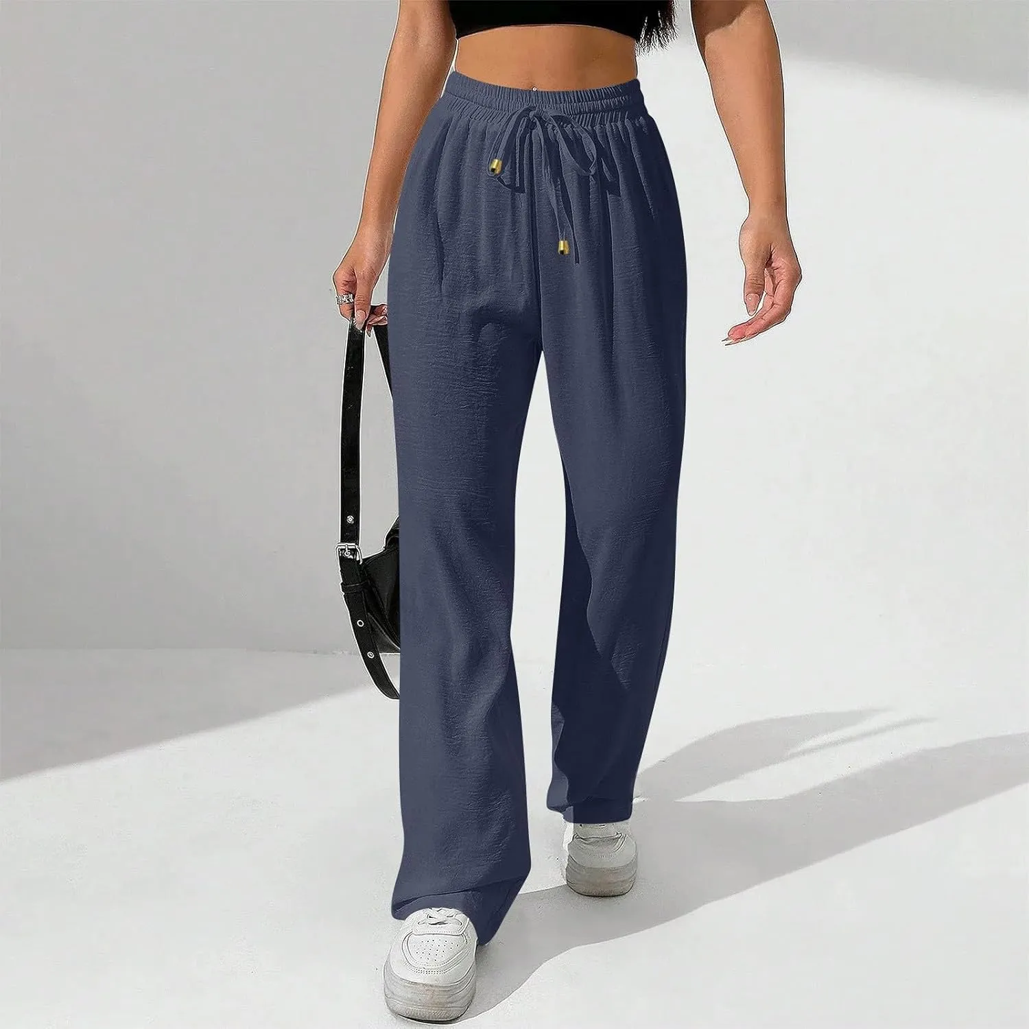 Womens Palazzo Pants Baggy Linen Pants Drawstring High Waisted Summer Work Wide Leg Pant Casual Trouser with Pockets