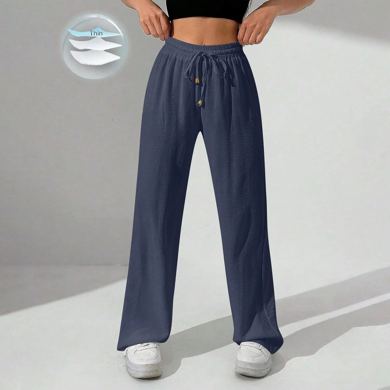Womens Palazzo Pants Baggy Linen Pants Drawstring High Waisted Summer Work Wide Leg Pant Casual Trouser with Pockets