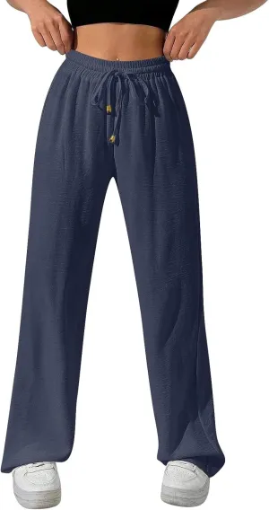 Womens Palazzo Pants Baggy Linen Pants Drawstring High Waisted Summer Work Wide Leg Pant Casual Trouser with Pockets