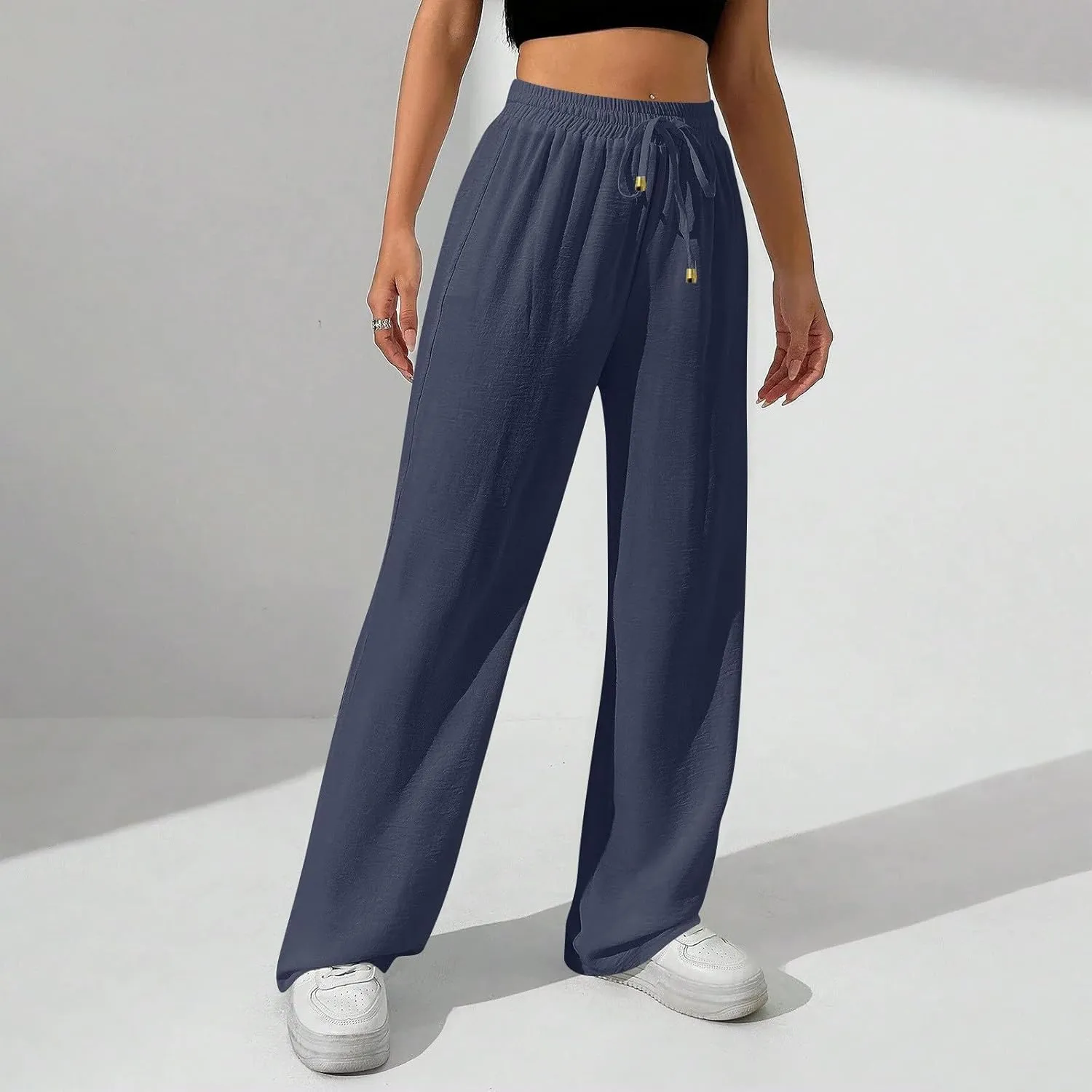 Womens Palazzo Pants Baggy Linen Pants Drawstring High Waisted Summer Work Wide Leg Pant Casual Trouser with Pockets