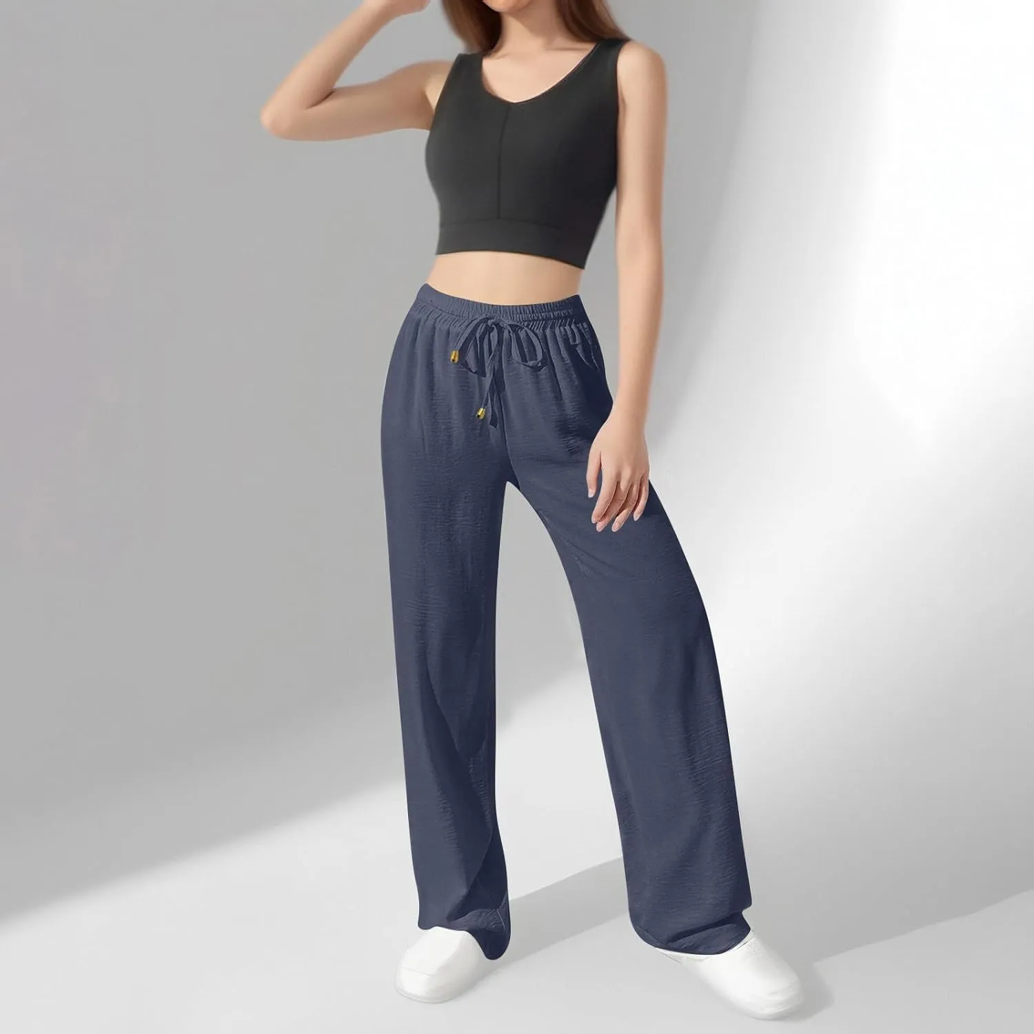 Womens Palazzo Pants Baggy Linen Pants Drawstring High Waisted Summer Work Wide Leg Pant Casual Trouser with Pockets