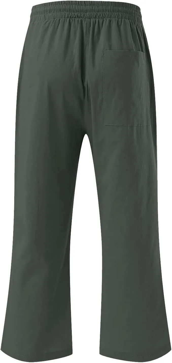 Women's Pants Drawstring Elastic Waist Trousers Slacks Cotton Linen Capri Pants Pull-On Legging Pant Summer Beach Quick Dry