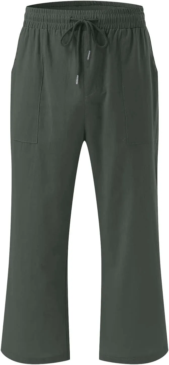Women's Pants Drawstring Elastic Waist Trousers Slacks Cotton Linen Capri Pants Pull-On Legging Pant Summer Beach Quick Dry