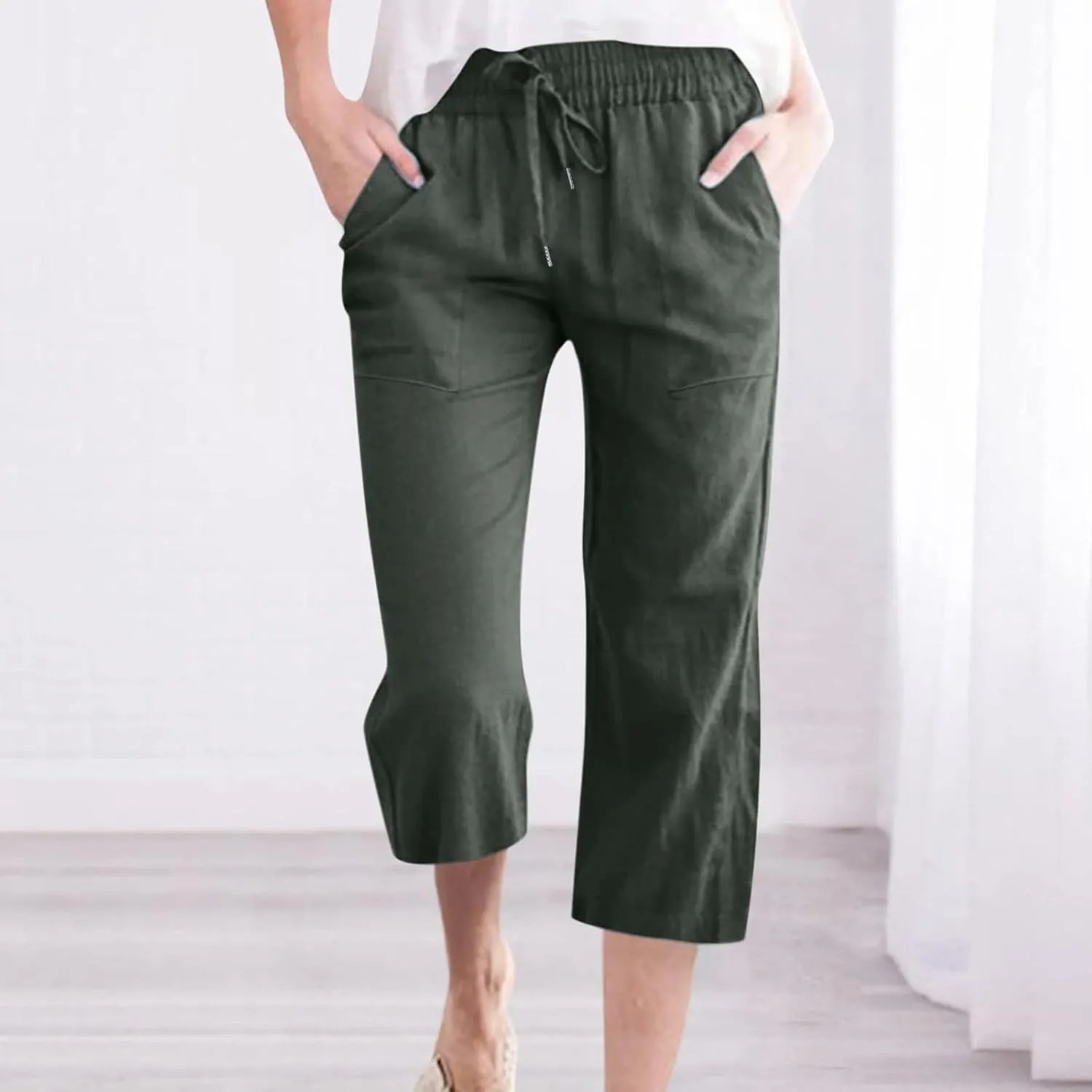 Women's Pants Drawstring Elastic Waist Trousers Slacks Cotton Linen Capri Pants Pull-On Legging Pant Summer Beach Quick Dry