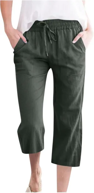 Women's Pants Drawstring Elastic Waist Trousers Slacks Cotton Linen Capri Pants Pull-On Legging Pant Summer Beach Quick Dry