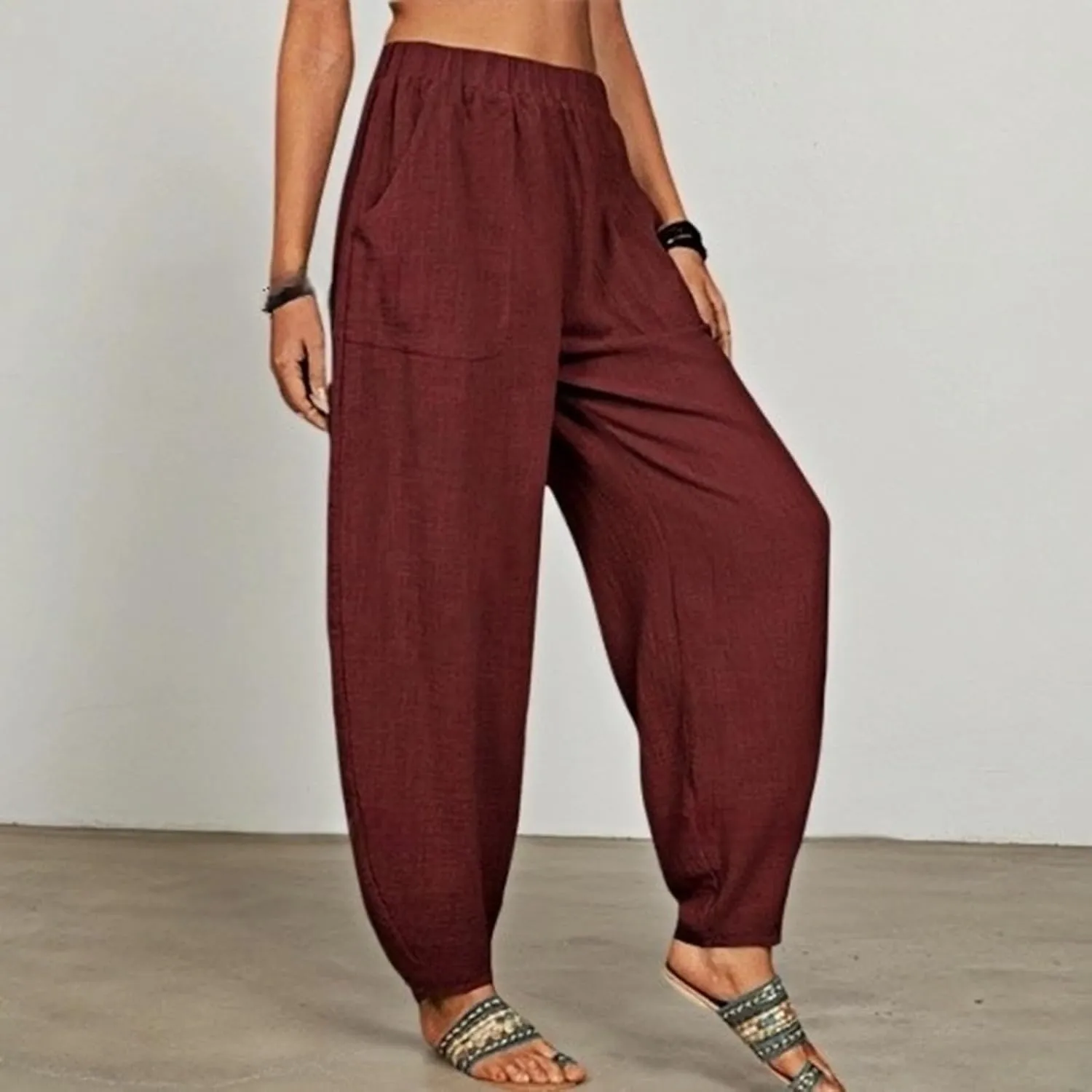 Womens Plus Size Linen Pants 2025 Casual Loose High Waisted Pants Beach Pants Summer Lounge Comfy Trousers with Pockets