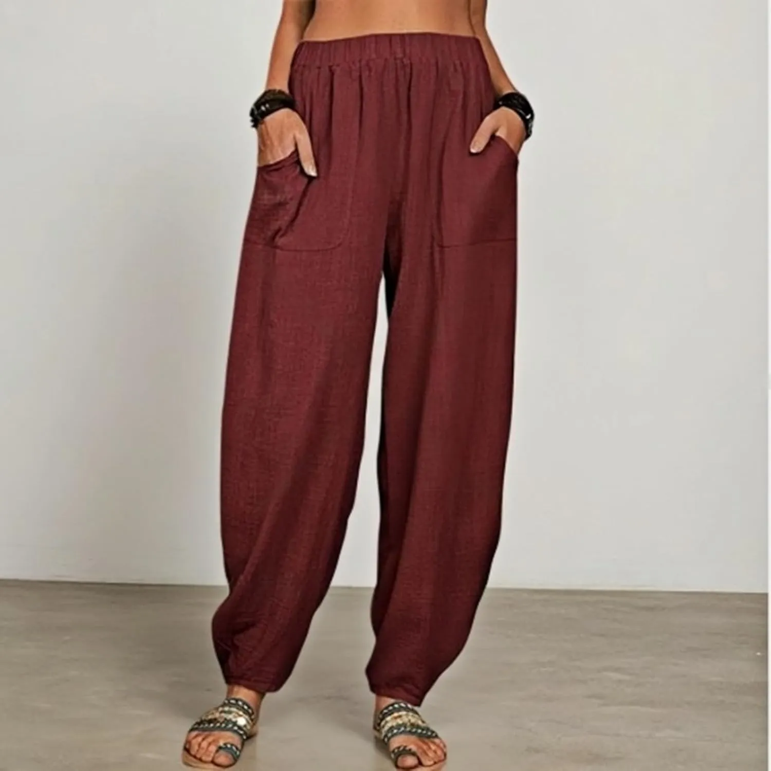 Womens Plus Size Linen Pants 2025 Casual Loose High Waisted Pants Beach Pants Summer Lounge Comfy Trousers with Pockets